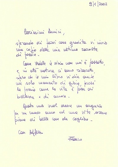 .....d' Amore - Lettera di dedica del 9 Gennaio 2002