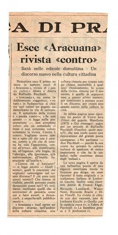 La Nazione del 17 Settembre 1976  annuncia la pubblicazione di ARACUANA