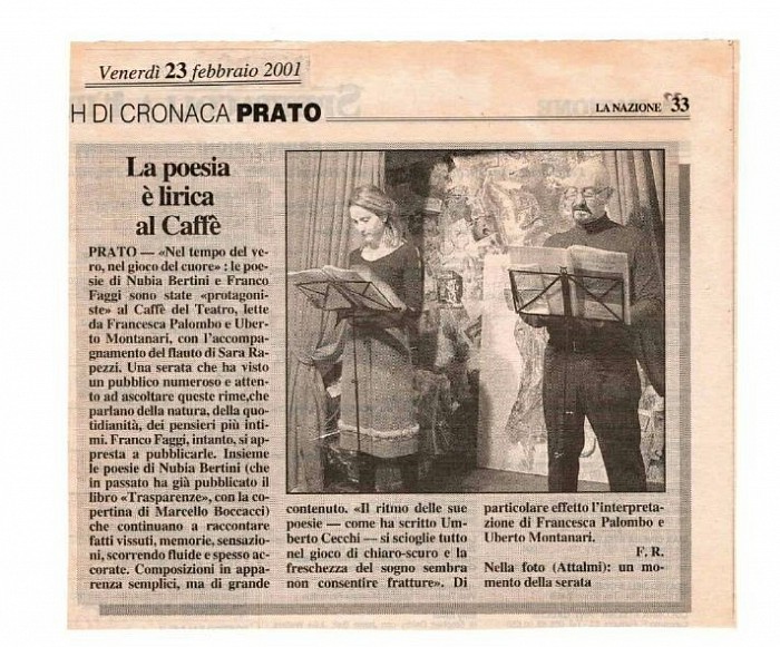 Art. La Nazione 23.2.2001 - Francesca Palumbo e Umberto Montanari interpretano le poesie di Franco Faggi al Caffé del Teatro