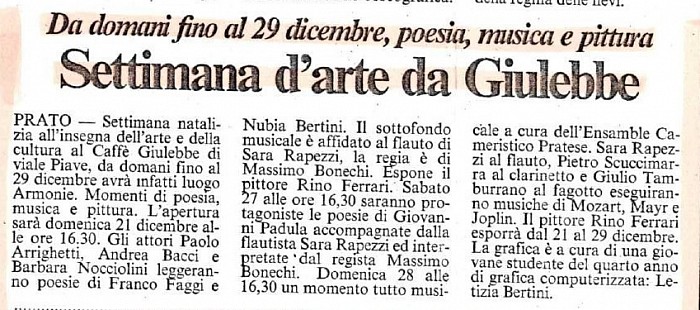 Art. Il Tirreno del 20.12.1997 - Settimana d'Arte al Caffè Giulebbe - dal 21 al 29/12/1997